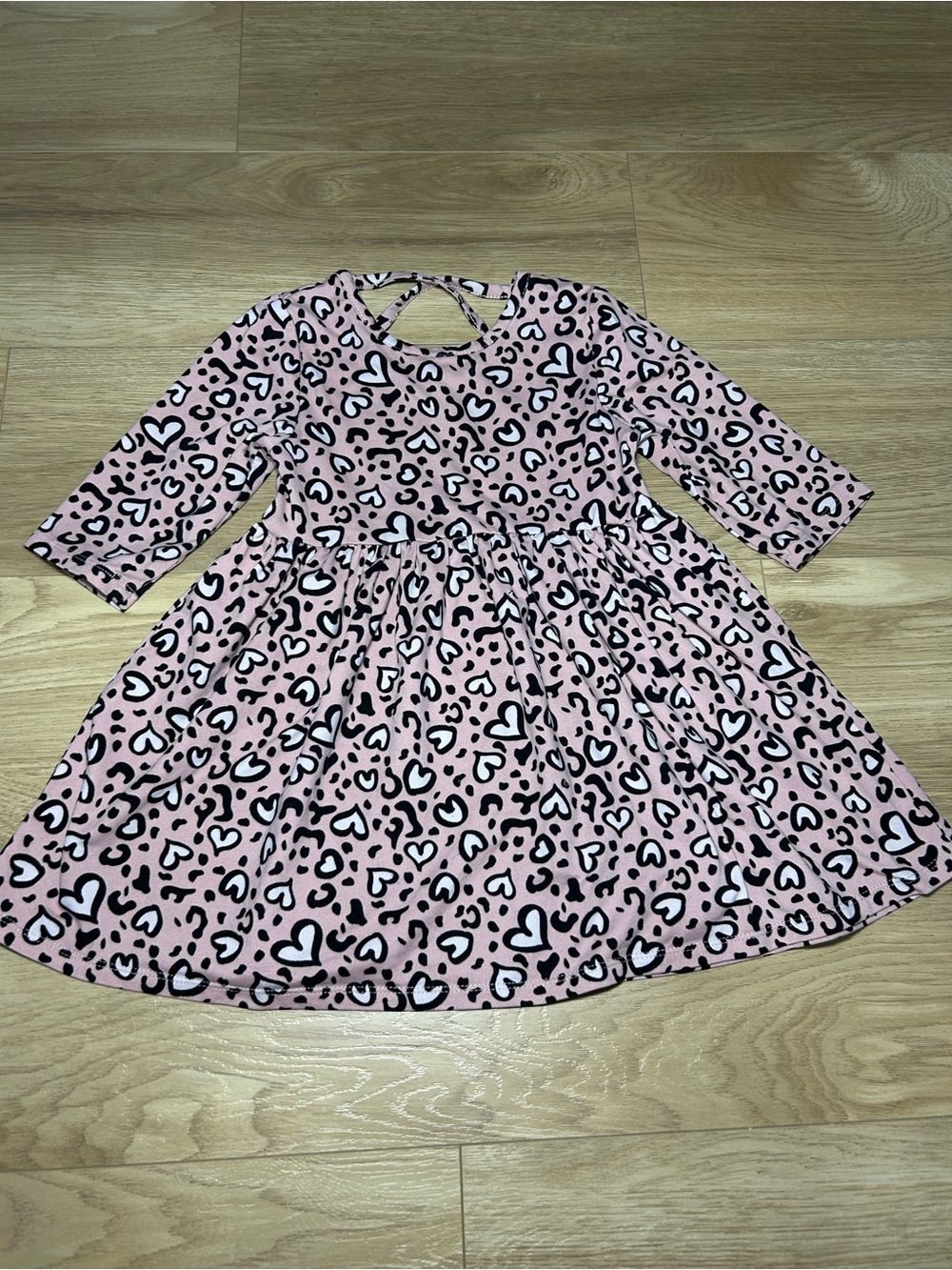 Girls' Pink Heart & Leopard Print Long Sleeve Dress